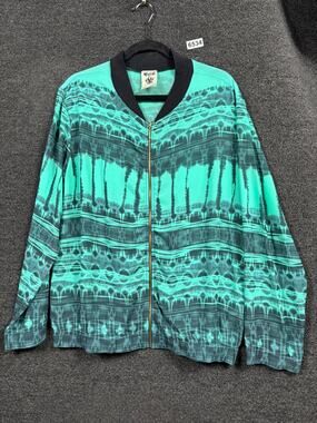 Be Vocal Jacket Womens XL Green Black Zip Front Bomber Made USA Abstract Print